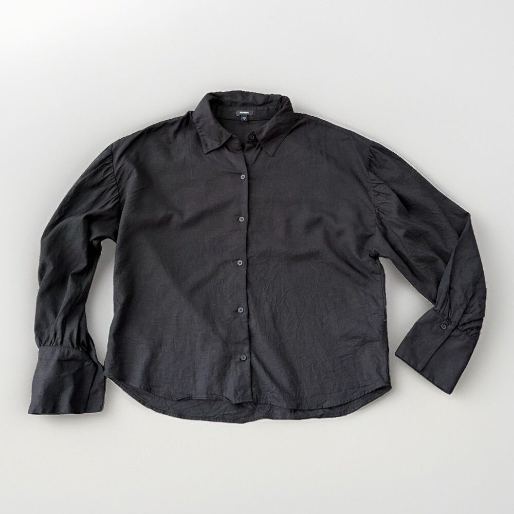 Express Black Linen Button Up Shirt Womens Size M Oversized Long Sleeve Blouse
